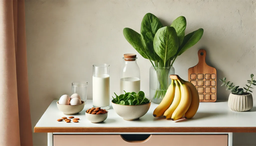 A minimalist kitchen counter showcasing natural sleep-enhancing foods, including bananas, almonds, a glass of milk, and a bowl of leafy greens, arranged in a clean and modern style to emphasize healthy nutrition for better sleep.