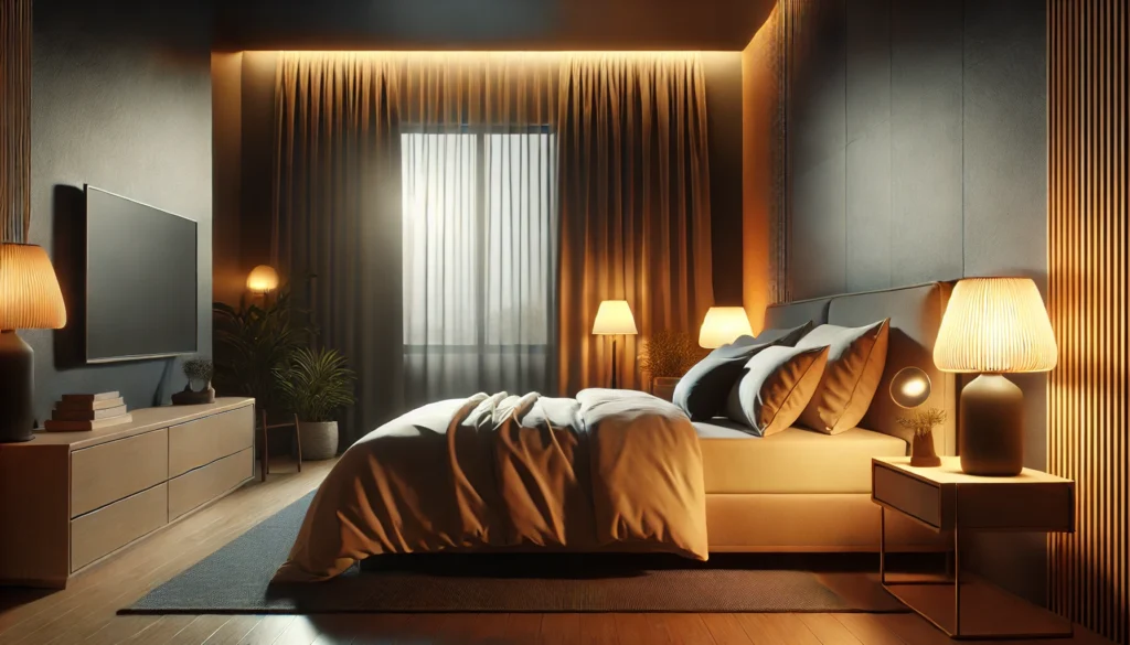 A tranquil bedroom designed for optimal sleep, featuring a cozy bed with soft bedding, dim warm lighting from a bedside lamp, and blackout curtains. The serene atmosphere highlights the importance of a sleep-friendly environment.