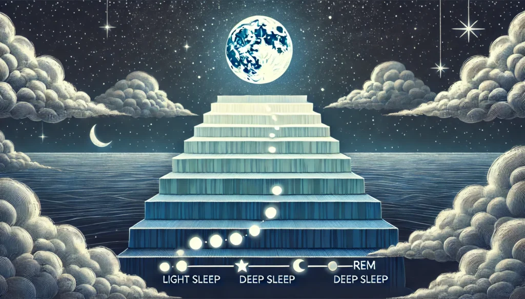 An artistic representation of sleep stages, featuring a layered staircase transitioning from light sleep to deep sleep and REM. The background includes a serene night sky with subtle stars, symbolizing the restorative process during 7-8 hours of sleep.