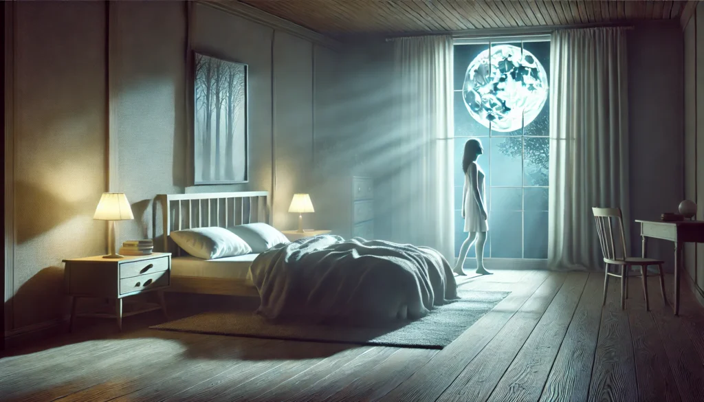 A tranquil bedroom scene featuring a sleepwalker standing at the edge of the bed, bathed in soft moonlight streaming through a window. The atmosphere captures the mystery and serenity of sleepwalking.