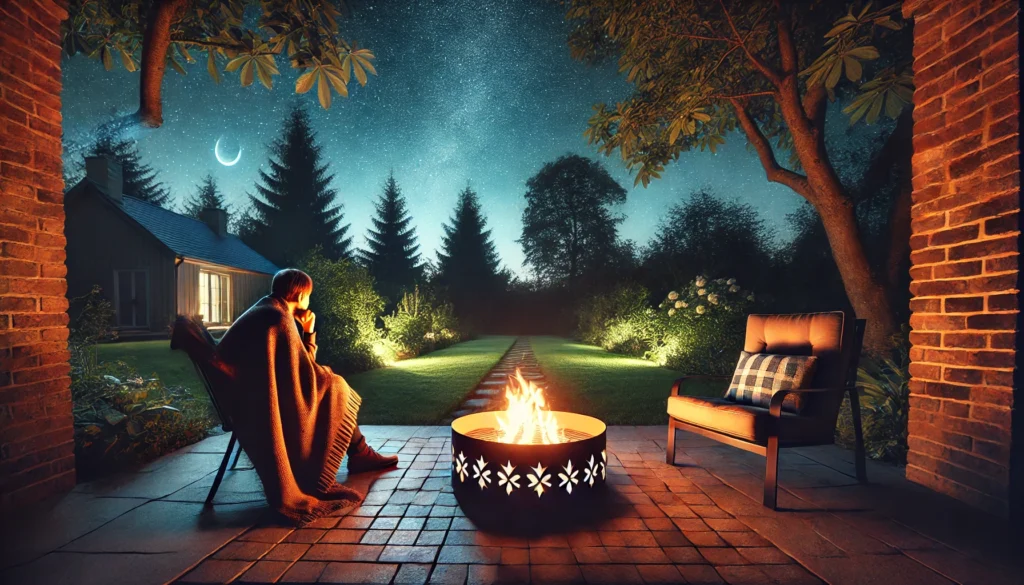 An outdoor nighttime scene featuring a person sitting in a cozy chair by a firepit, wrapped in a blanket, and gazing at the stars. The garden is softly illuminated by firelight, surrounded by trees, creating a serene ambiance perfect for relaxation and easing anxiety before sleep.