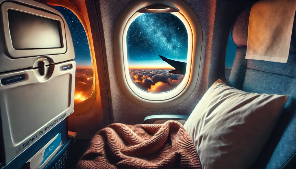 A serene nighttime airplane window view showcasing a starry sky, with a cozy travel blanket draped over a passenger's lap and a pillow in the foreground, creating a peaceful and relaxing atmosphere.