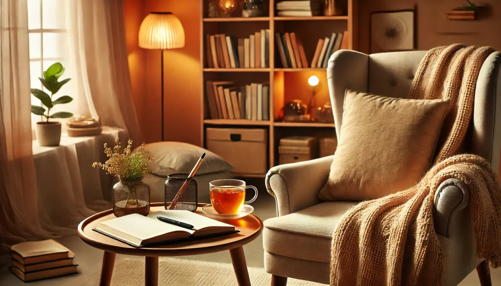 A cozy reading nook with an armchair, a soft blanket, and a side table holding a cup of herbal tea, a notebook, and a pen. The background includes a bookshelf and warm lighting, creating a soothing environment for memory retention strategies.