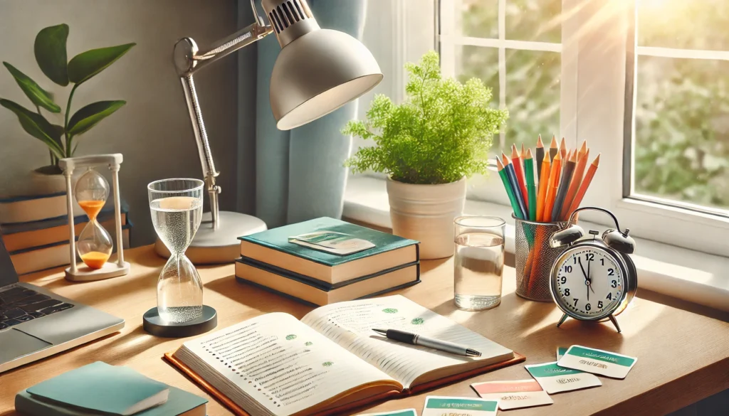 A bright and inviting study area featuring a desk with an open notebook, flashcards, and a set of colored pens. A timer and a glass of water sit on the desk, with natural light streaming through a large window, promoting effective memory retention techniques.