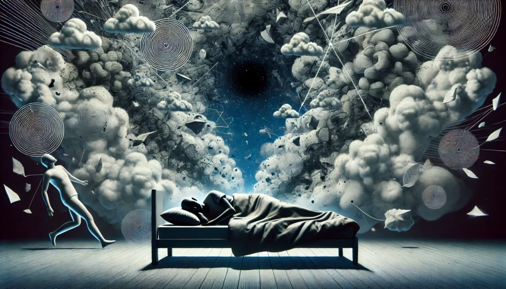 A conceptual illustration of a human silhouette lying in bed, surrounded by dark swirling clouds and fragmented shapes representing stress and anxiety. The imagery conveys the difficulties of achieving restful sleep under mental strain.
