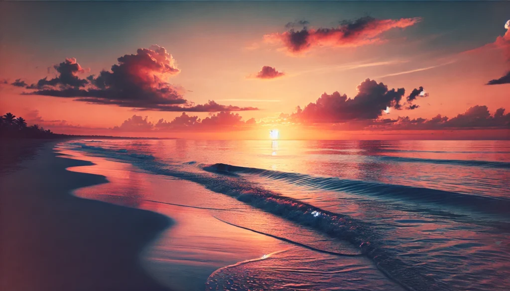 A tranquil ocean at sunrise with soft waves lapping the shore, a glowing horizon in warm orange and pink hues, and scattered clouds, inspiring peace and quiet reflection.