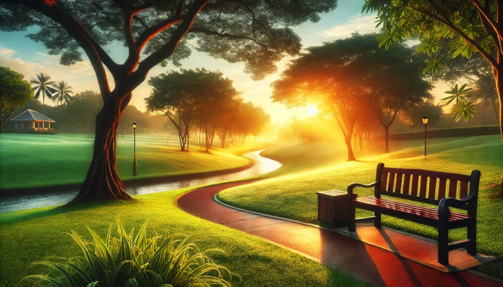 A serene outdoor scene capturing a sunrise over a tranquil park, with morning dew on the grass, a wooden bench, and a winding path under the golden light, symbolizing the freshness of a new day.