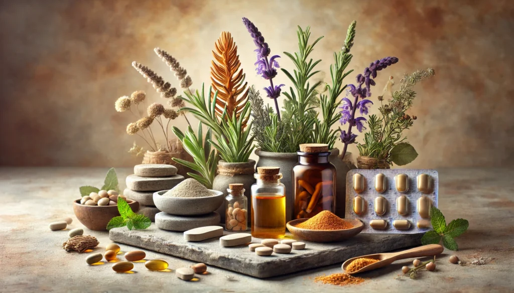 Assorted mental health supplements like Omega-3 capsules, Rhodiola Rosea roots, and magnesium powder displayed with rosemary and lavender on a stone slab, symbolizing balance and wellness
