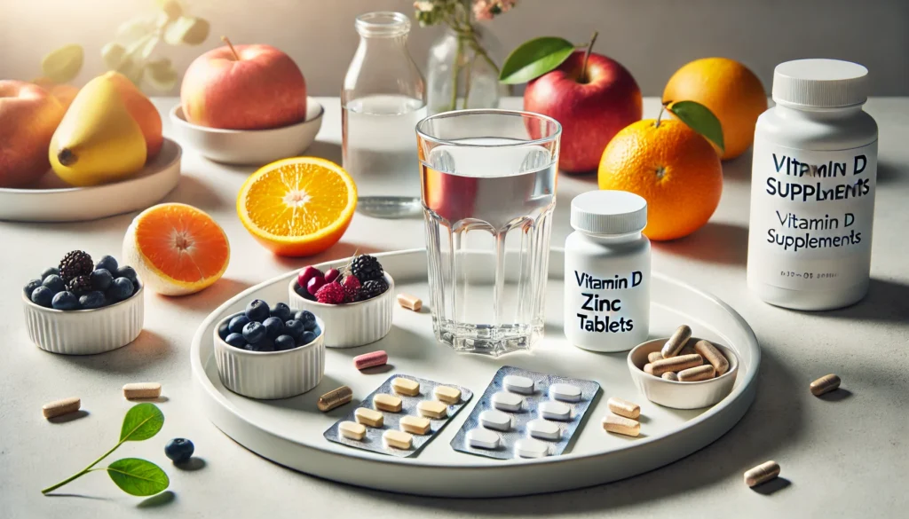 Glass of water and mental health supplements including Vitamin D capsules, zinc tablets, and B-vitamins on a ceramic tray, surrounded by fresh oranges and berries with natural sunlight