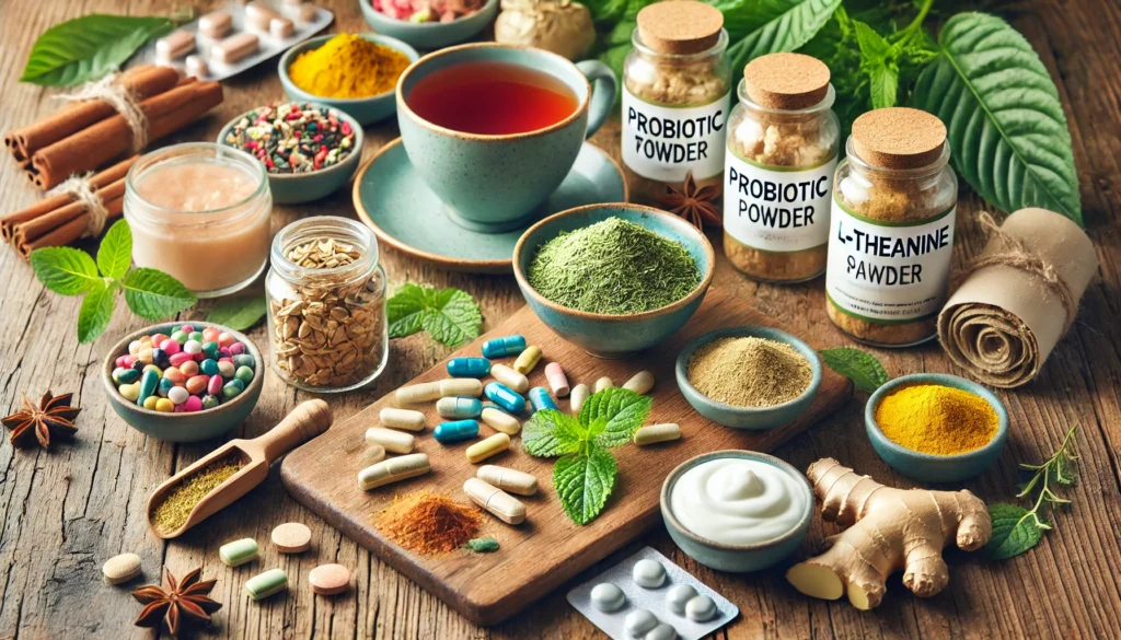 Wooden countertop with L-Theanine capsules, probiotic tablets, Ashwagandha powder, tea leaves, fresh ginger, and yogurt, with herbal tea in the background showcasing natural mental health solutions