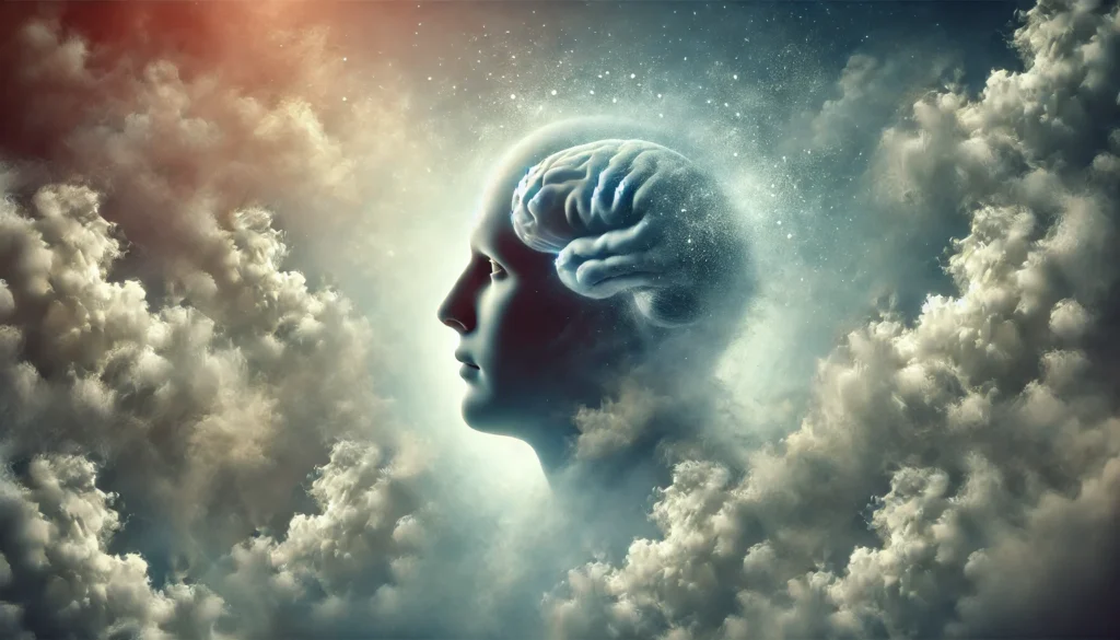 A conceptual illustration of brain fog, showing a human head surrounded by a misty, cloudy effect, symbolizing mental confusion and lack of clarity.