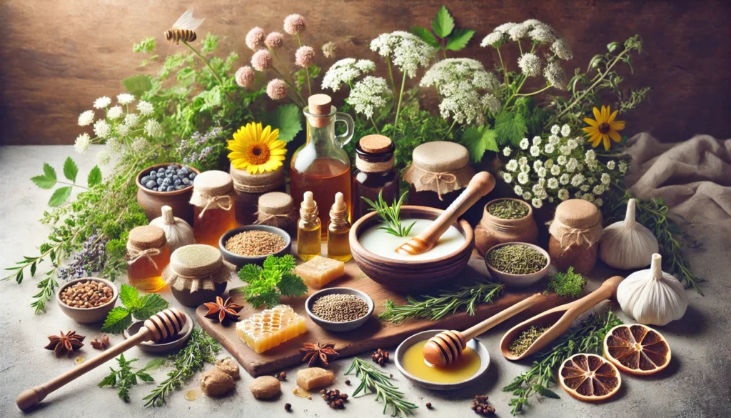 A visually appealing arrangement of natural remedies featuring fresh herbs, essential oils, honey, and traditional healing ingredients in an organic, harmonious setting with soft lighting and earthy tones.