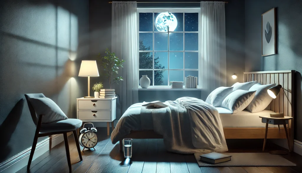 A peaceful bedroom setup showcasing good sleep hygiene, with a neatly made bed, soft ambient lighting, a bedside table holding a book and glass of water, and an open window letting in gentle moonlight, creating a calm and restful atmosphere.