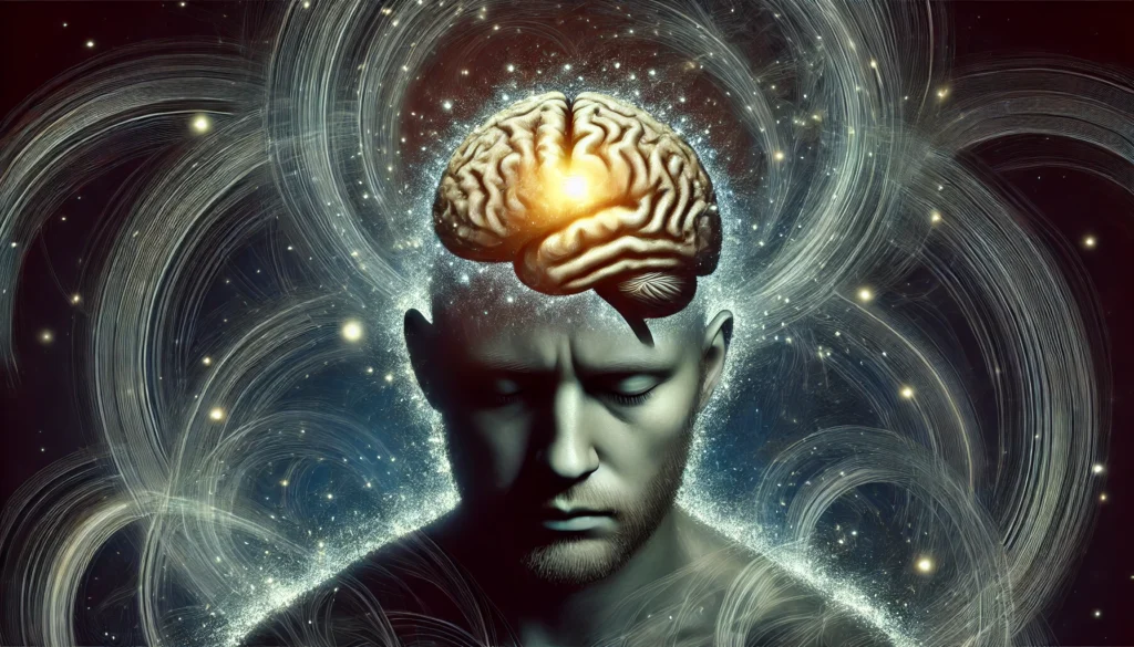 An artistic depiction of sleep deprivation, showing a fatigued person with a dimly glowing brain surrounded by dark swirling energy, symbolizing exhaustion and cognitive impairment.