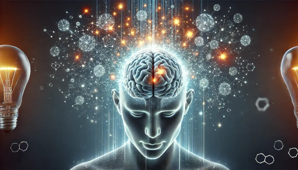A conceptual image of a brain absorbing glowing knowledge particles, symbolizing effective memorization techniques. The particles integrate seamlessly, representing enhanced recall and cognitive learning.