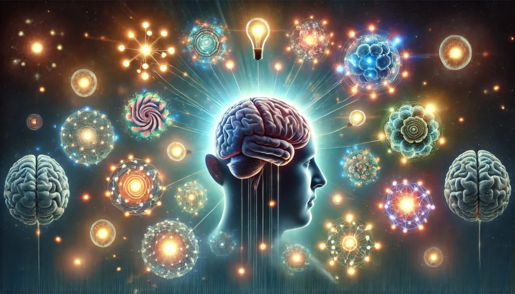 A surreal depiction of a human brain surrounded by floating memory orbs, symbolizing various memorization techniques. Each orb glows with energy, representing different strategies for better learning and retention.