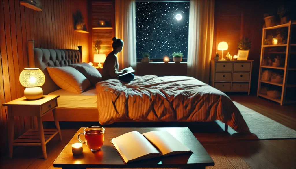 A cozy bedroom at night with a neatly made bed, warm ambient lighting, a side table holding a glowing lamp and a cup of tea, and a serene starry night sky visible through the window. The scene exudes calmness and is ideal for promoting nighttime relaxation and restfulness.