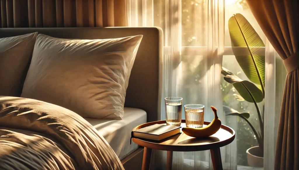 A serene bedroom setting with soft morning light streaming through sheer curtains, featuring a bedside table holding a glass of water, a ripe banana, and a folded book, creating a calm and refreshing atmosphere.