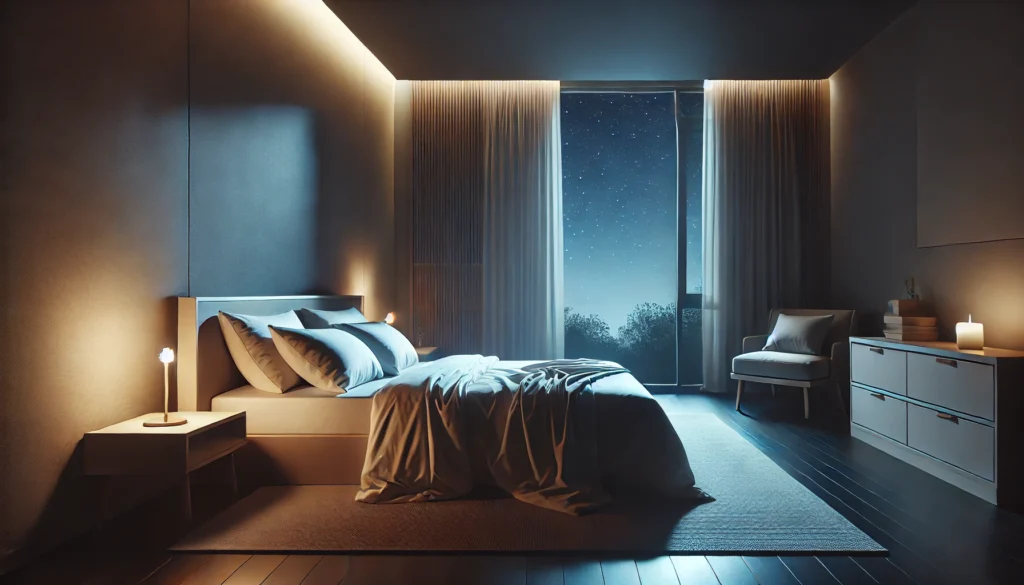 A serene bedroom with a comfortable bed featuring soft linens, dim ambient lighting, and a window slightly open to reveal a calming night sky. The minimalist design creates a peaceful and restful environment.