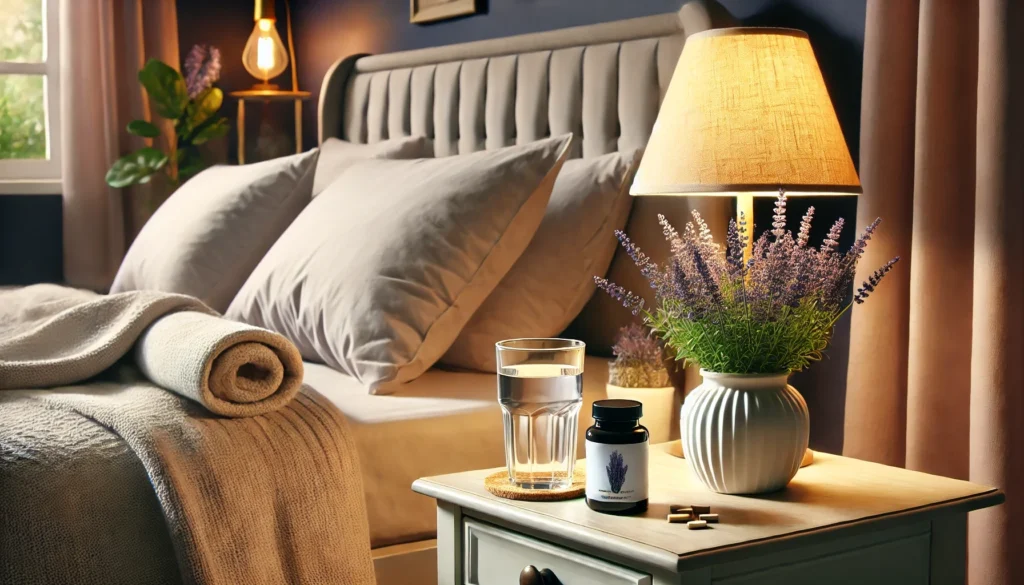 A peaceful bedroom setup featuring a bed with soft white linens, a nightstand holding a glass of water and valerian root supplements, complemented by a softly glowing lamp and a potted lavender plant, highlighting natural sleep aids for relaxation.