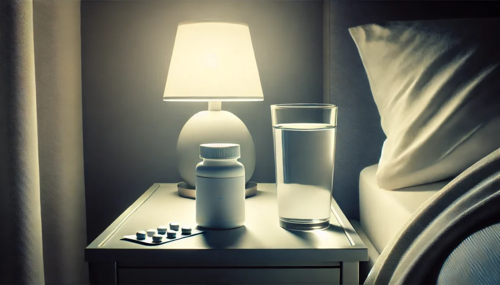 A peaceful nighttime bedside table featuring a generic pill bottle, a glass of water, and a softly glowing lamp, creating a calm and restful environment for sleep preparation.