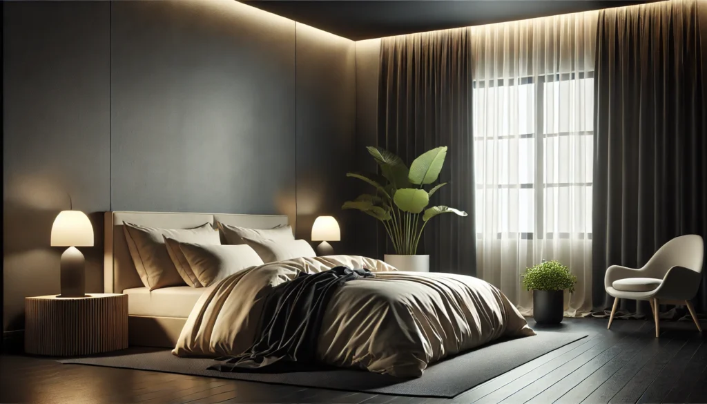 A serene bedroom featuring blackout curtains, a modern minimalist design with neutral-toned bedding, soft ambient lighting, and a potted plant near the window, creating an environment of relaxation and calmness ideal for sleep optimization.
