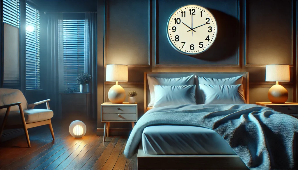 A serene bedroom at night featuring a neatly made bed, soft lighting from a bedside lamp, and a clock displaying 10:00 PM, creating an atmosphere conducive to healthy sleep cycles.