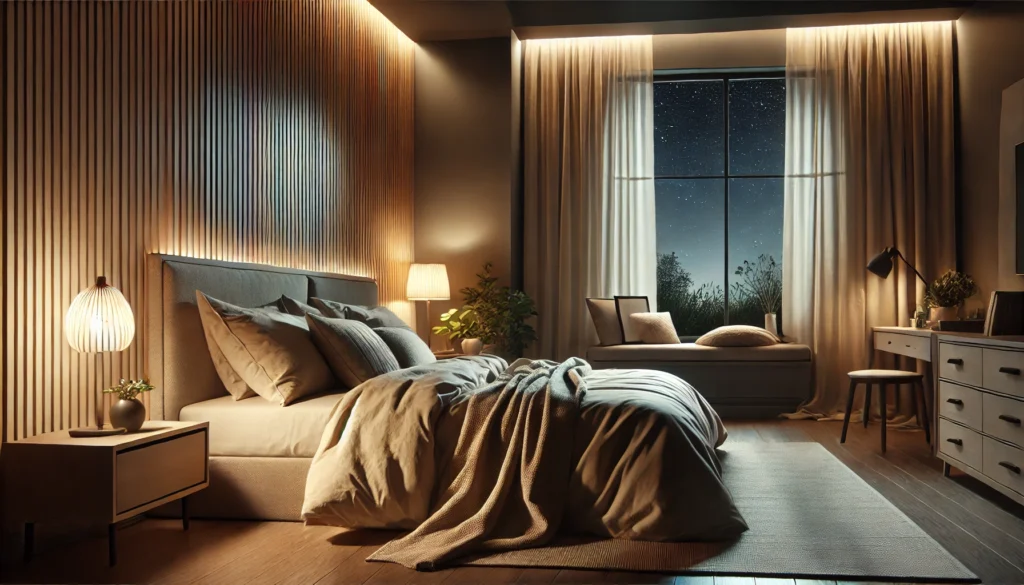 A tranquil bedroom at night featuring a cozy bed with soft, layered bedding in neutral tones. The room is softly illuminated by a warm bedside lamp, with a large window revealing a starry night sky. Minimalist decor includes a small potted plant and a book on the nightstand, creating a peaceful and inviting atmosphere.