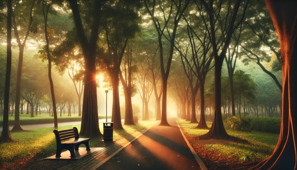 A serene outdoor park at dawn with soft sunlight filtering through tall trees. A walking path lined with fallen leaves leads to a lone bench, creating a calm and peaceful setting ideal for relaxation and morning reflections.