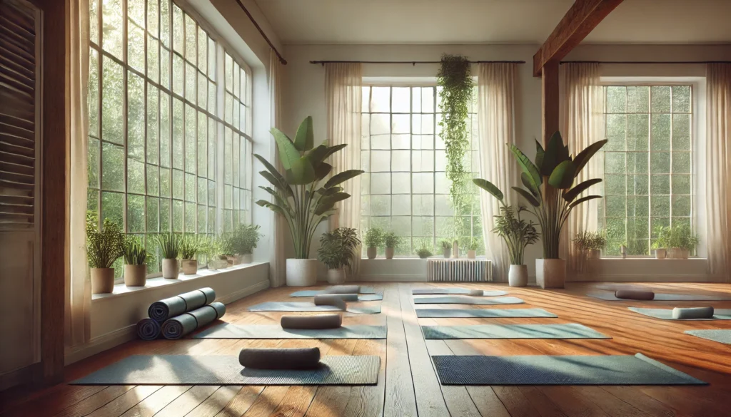 A serene yoga studio with large windows allowing soft natural light, neatly placed yoga mats on a wooden floor, and indoor plants enhancing the peaceful atmosphere, perfect for mindfulness and relaxation.