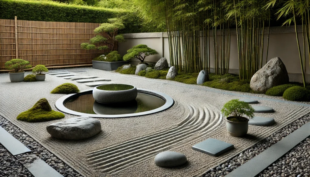 A serene zen garden featuring raked gravel patterns, harmoniously placed stones, a small flowing water feature, and lush bamboo plants, evoking tranquility and mindfulness.