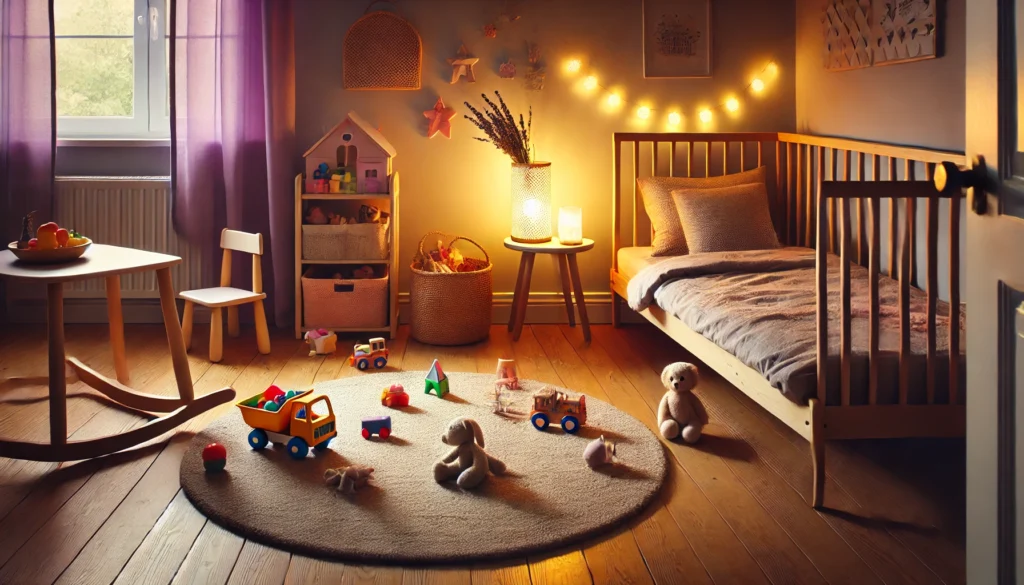 A warm and inviting children's play area transitioning into bedtime, featuring a soft rug with scattered toys, a small bed with cozy bedding, and a bedside table holding a nightlight and lavender diffuser. The lighting is soft and calming, ideal for winding down.