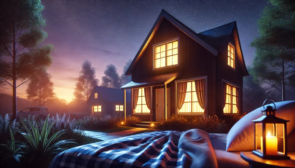 An outdoor evening scene of a cozy house under a glowing twilight sky, with warm light shining through the windows and curtains drawn, reflecting a peaceful ambiance for early bedtime preparation.