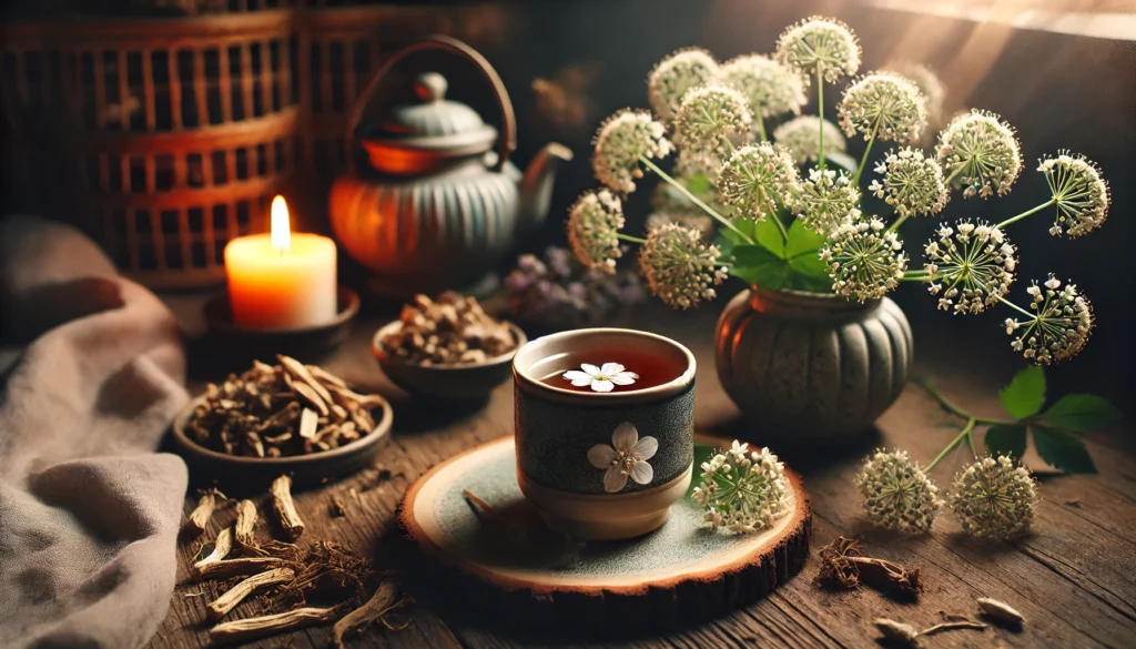 A ceramic cup of valerian root tea surrounded by valerian flowers and dried root pieces on a tea table, with a softly glowing candle in the background creating a warm and soothing atmosphere.