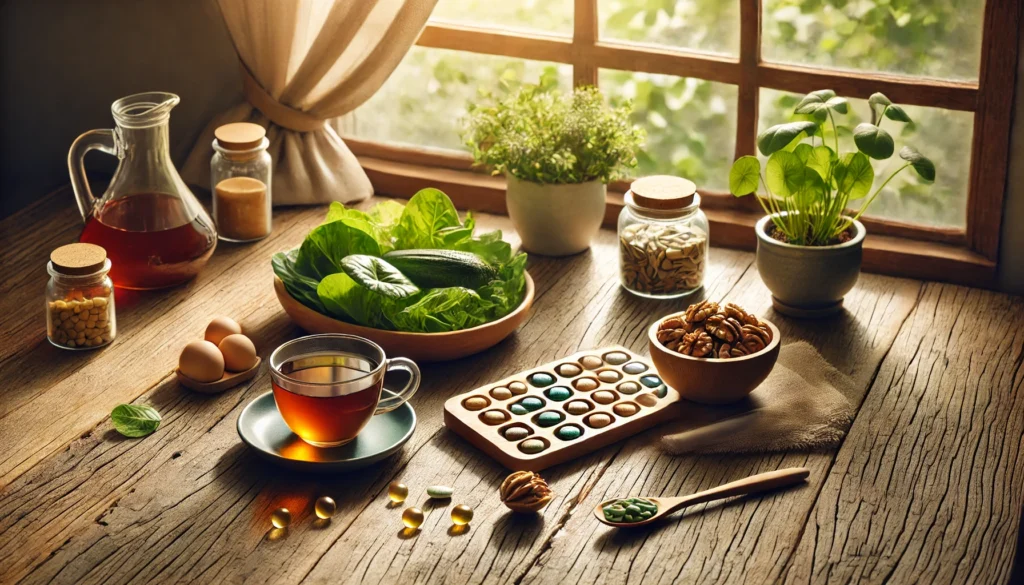 Wooden table near a sunny window with neatly arranged bowls of vitamins, a cup of herbal tea, leafy greens, and a bowl of walnuts, showcasing natural sources of memory vitamins for elderly