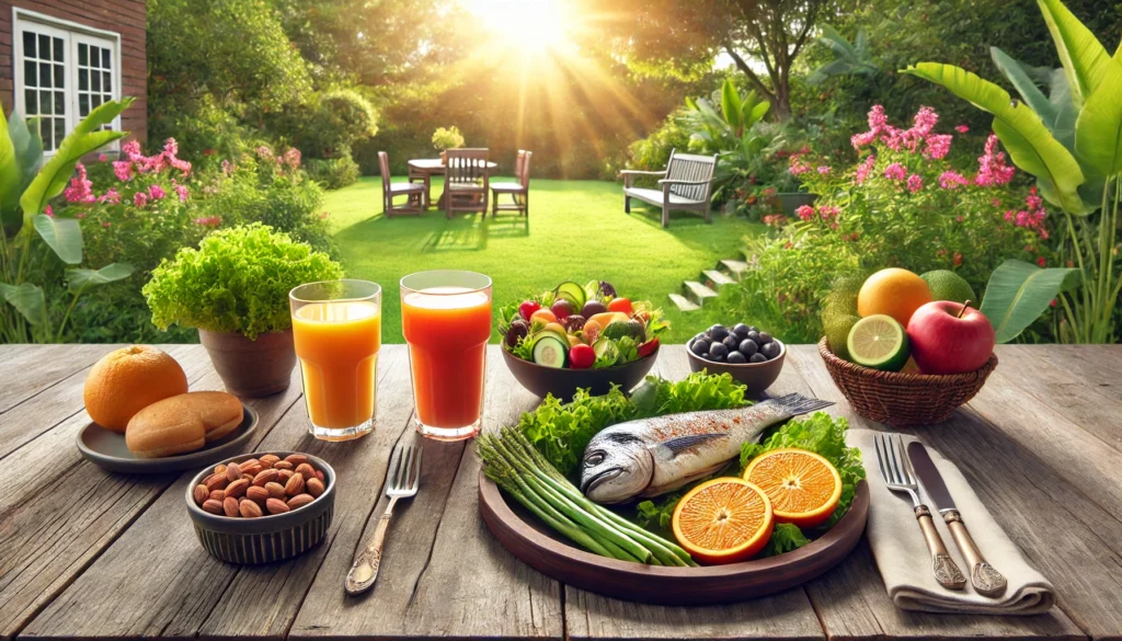 A serene outdoor breakfast setting with a table featuring a balanced meal rich in brain-healthy vitamins: fresh juices, leafy greens, nuts, and grilled fish, with a sunlit garden in the background