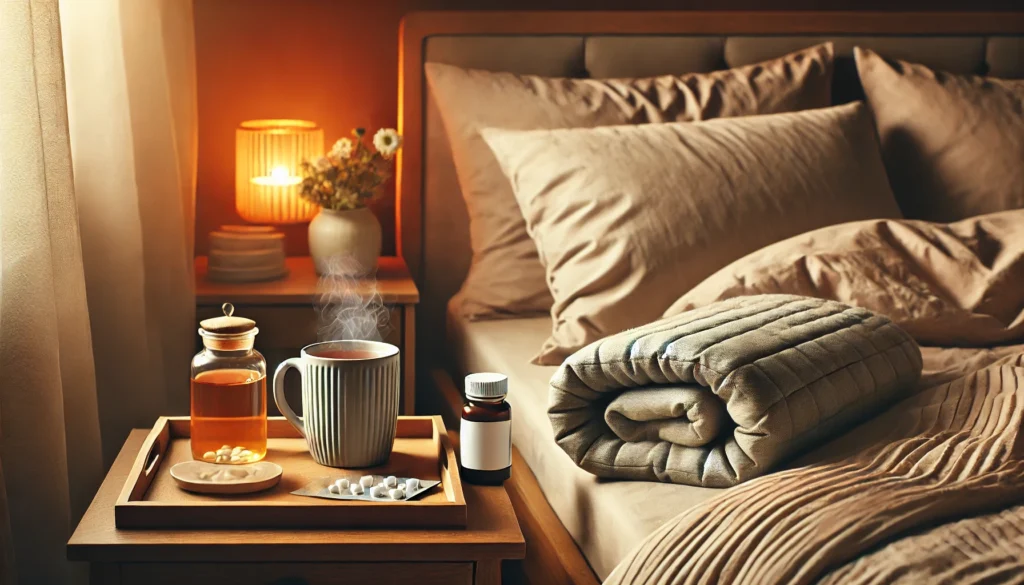 A cozy bedroom scene featuring a weighted blanket folded neatly at the foot of a bed, with a bedside table holding a steaming cup of chamomile tea and a sleek, label-free bottle of sleep medication. The warm ambient lighting and soft pillows create a serene and relaxing environment.