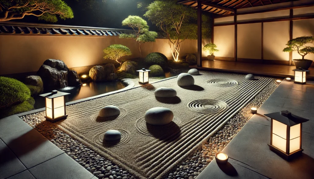 A tranquil nighttime zen garden illuminated by soft lantern light, featuring raked gravel, smooth stones, and a small water feature, evoking relaxation and mindfulness for peaceful sleep preparation.