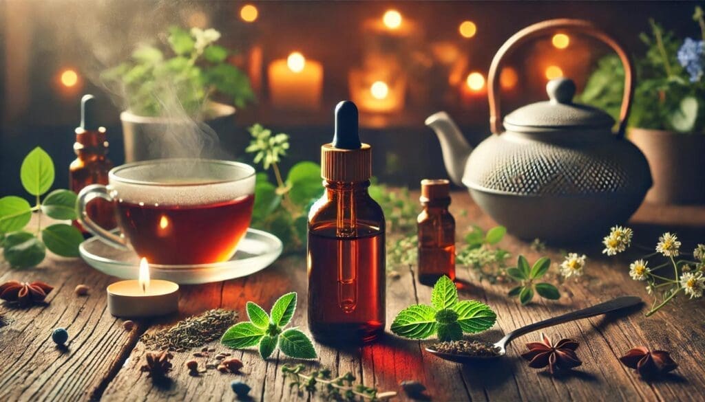 A warm and cozy arrangement featuring a steaming cup of herbal tea, an amber dropper bottle, fresh mint leaves, dried herbs, and a teapot, all illuminated by candlelight on a rustic wooden table.