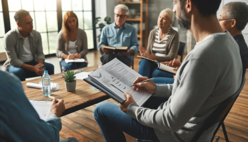 An adult participating in a group workshop, using a workbook for skill-building and self-improvement in a collaborative learning setting. What are the most effective workbooks for adults written