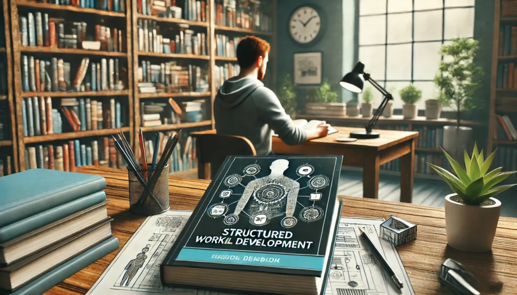 An adult in a library, engaged in a structured workbook for personal development, surrounded by bookshelves and a focused environment. What are the most effective workbooks for adults written