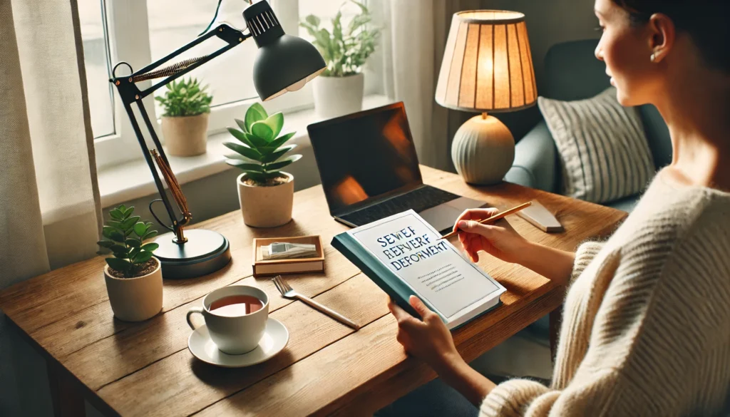 An adult in a cozy home office setting using a workbook for self-improvement, fostering focus and growth. What are the most effective workbooks for adults written