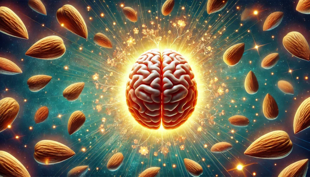 A surreal artistic representation of a glowing human brain surrounded by almonds, symbolizing their cognitive benefits. The radiant energy around the brain highlights improved memory, focus, and mental clarity from almond consumption.