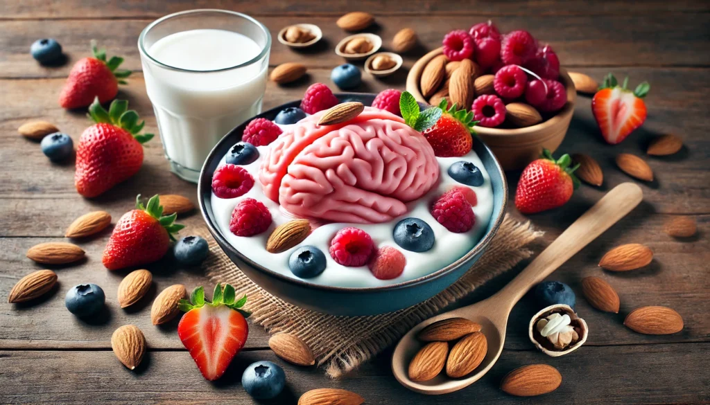 A healthy breakfast bowl featuring yogurt, almonds, and fresh berries, arranged with a spoon on a wooden table. The vibrant presentation represents the cognitive benefits of almonds in enhancing memory and brain function.