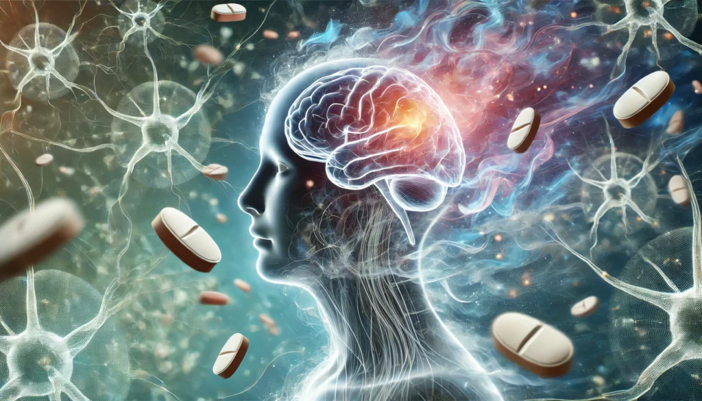 An abstract visualization of Amitriptyline’s impact on memory. A human silhouette with a transparent head, where thoughts appear as swirling, fading smoke. Floating Amitriptyline pills drift around the figure, while the background consists of blurred, disconnected neurons, symbolizing cognitive dysfunction and memory loss.