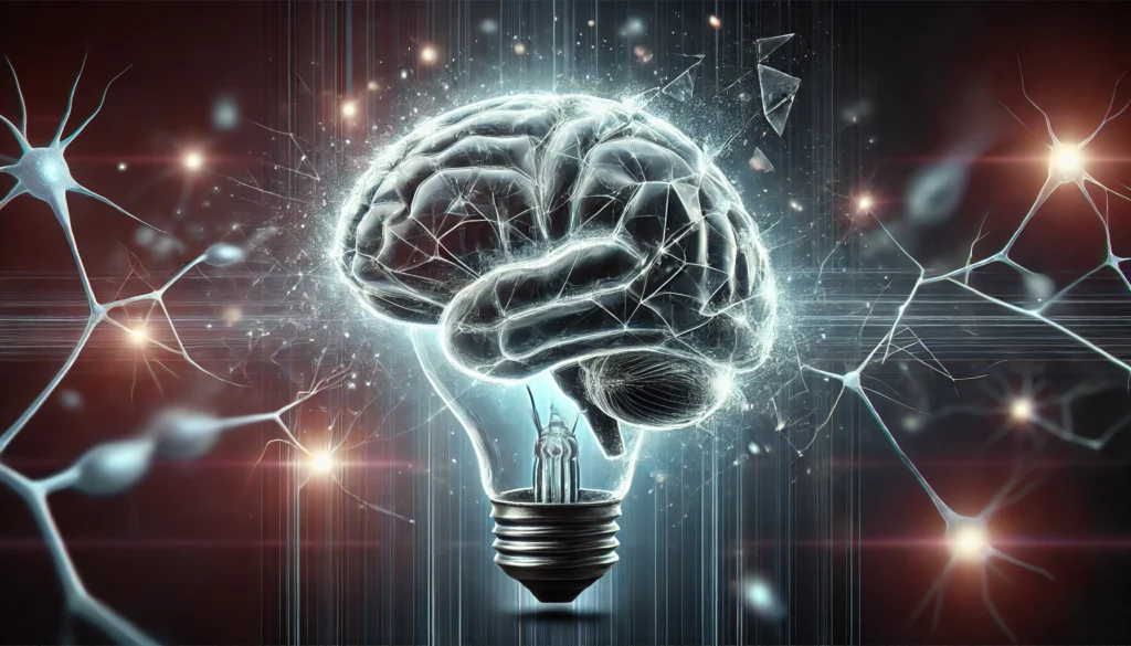 A symbolic representation of amnestic mild cognitive impairment—A fragile glass brain with cracks forming, symbolizing the fragility of memory. Faint glowing neurons flicker on and off around it, representing disrupted cognitive function, against a dark abstract background emphasizing memory loss.