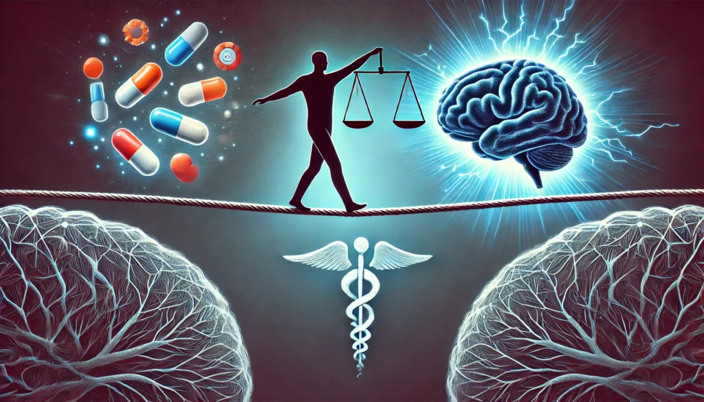 A symbolic representation of a person balancing on a neural tightrope, symbolizing the careful management of medications and lifestyle to prevent anticholinergic dementia. Below, shadowy elements symbolize cognitive risk, while above, bright neural energy represents brain health.