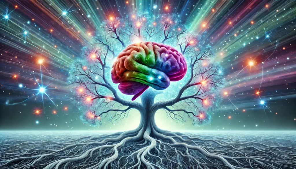 A surreal depiction of a tree with neural branches growing stronger, symbolizing brain health and cognitive protection against anticholinergic dementia. The roots represent lifestyle choices and medications, with bright energy flowing through the branches to show mental resilience.