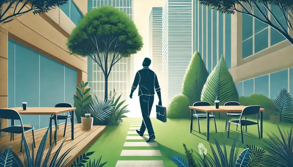 An employee stepping outside their office building into a quiet green space to calm down after an anxiety attack, emphasizing the value of breaks and grounding techniques.