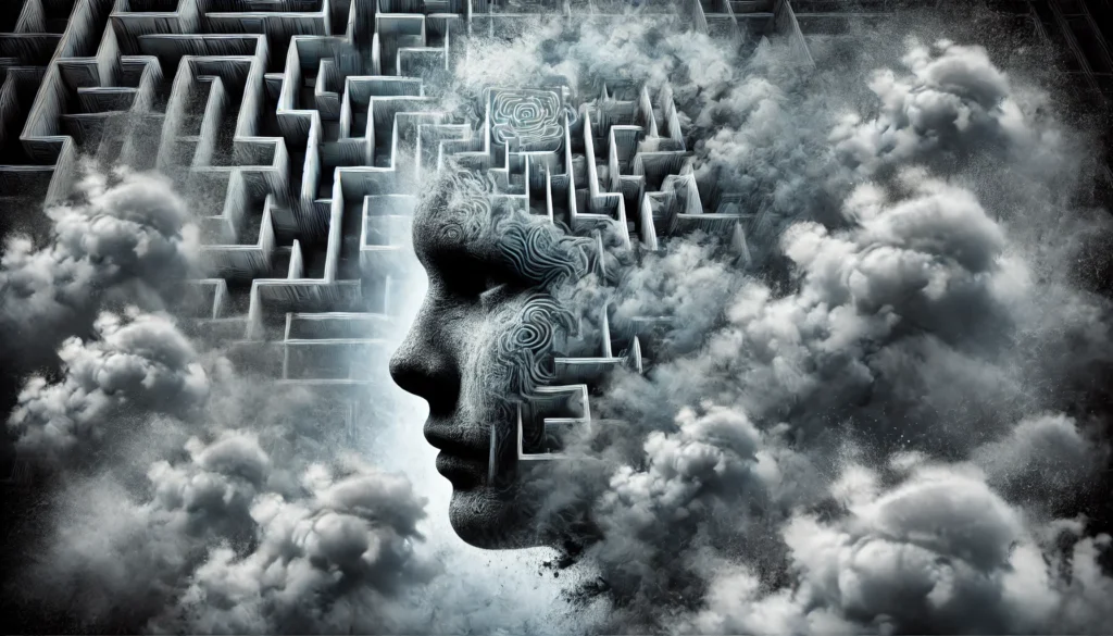 A surreal depiction of a person’s face dissolving into a foggy maze, symbolizing the confusion and memory loss associated with dementia. Dark shadows creep in from the edges, representing the effects of anxiety accelerating cognitive decline.